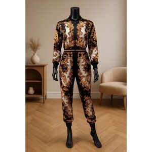 Jealous Tomato Baroque Print Jumpsuit Black Gold Zip Front Long Sleeve Women's S